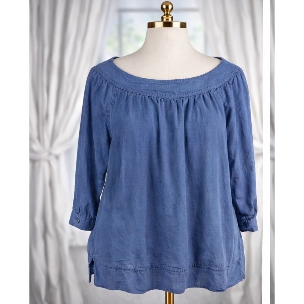 Lands' End Popover Top Size Small 6-8 Navy‎ Blue Linen Blend Embroidered Detail